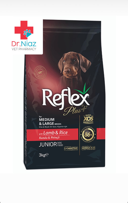 غذای خشک سگ جونیور رفلکس پلاس طعم گوشت بره و برنج