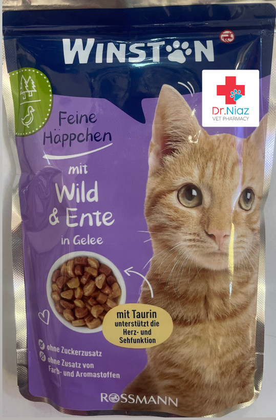 پوچ وینستون گربه آلمانی اصل با طعم گوشت حیوانات وحشی و اردک